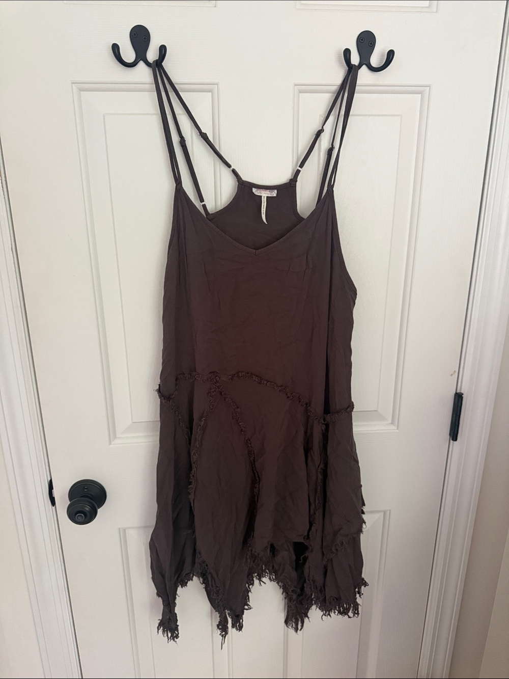 Frayed Hem Spaghetti Strap Mini Dress - Brown